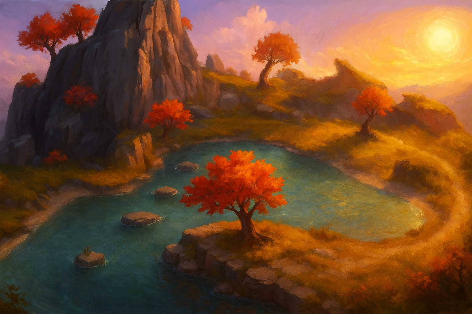Sunset Landscape - Digital landscape illustration featuring atmospheric composition and lighting